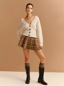 V-Neck Cinched Waist Twist Button Cardigan