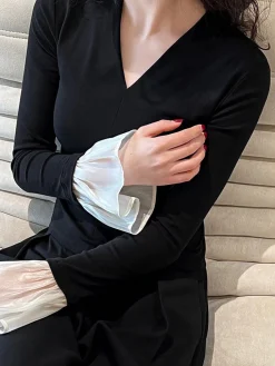 V-Neck Contrast Ruffle-Cuff Blouse