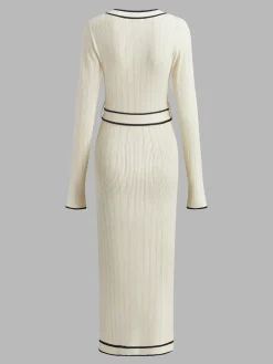 V-Neck Contrast Trim Belted Sweater Dress