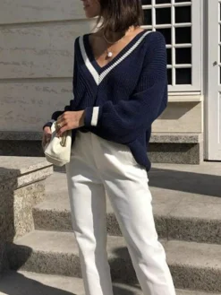 V-Neck Contrast Trim Sweater