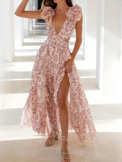 V-Neck Cutout Ruffle Dress