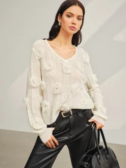 V-Neck 3D Flower Knit Top