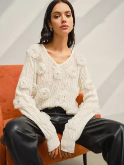 V-Neck 3D Flower Knit Top