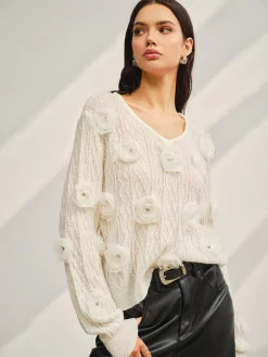 V-Neck 3D Flower Knit Top