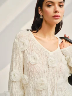 V-Neck 3D Flower Knit Top