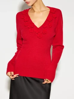 V-Neck 3D Flower Skinny Knit Top