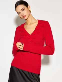 V-Neck 3D Flower Skinny Knit Top