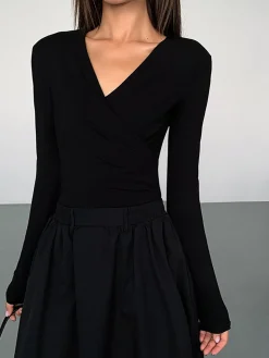 V-Neck Double Pockets Long Sleeve Long Dress