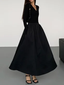 V-Neck Double Pockets Long Sleeve Long Dress