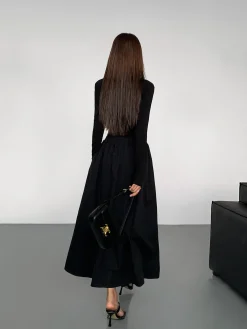 V-Neck Double Pockets Long Sleeve Long Dress