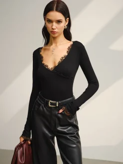 V-Neck Lace Trim Skinny Jersey Top