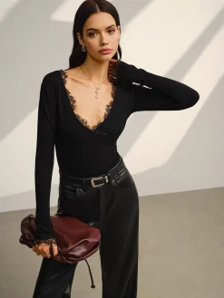 V-Neck Lace Trim Skinny Jersey Top