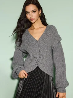V-Neck Lantern Sleeve Knotted Sweater