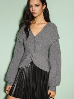 V-Neck Lantern Sleeve Knotted Sweater