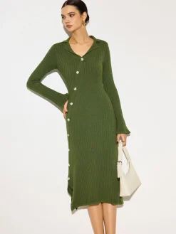 V-Neck Lapel Sweater Midi Dress