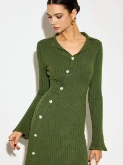 V-Neck Lapel Sweater Midi Dress