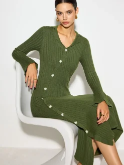 V-Neck Lapel Sweater Midi Dress