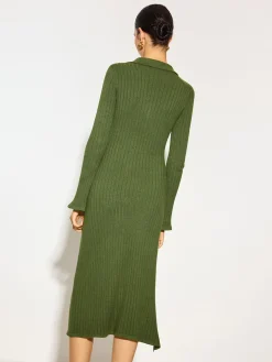 V-Neck Lapel Sweater Midi Dress