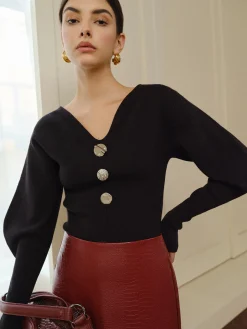 V-Neck Leg-Of Mutton Sleeve Sweater