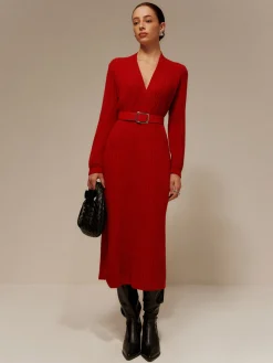 V-Neck Long Sleeve Belted Sweater Dress