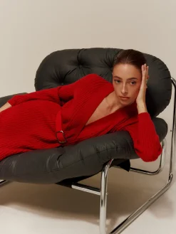 V-Neck Long Sleeve Belted Sweater Dress