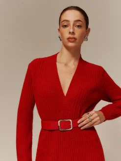 V-Neck Long Sleeve Belted Sweater Dress