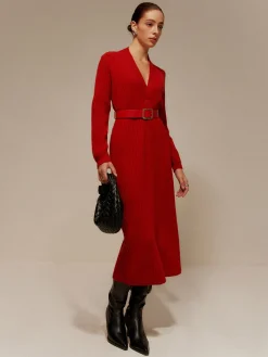 V-Neck Long Sleeve Belted Sweater Dress