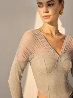 V-Neck Mesh-Shoulder Crop T-Shirt