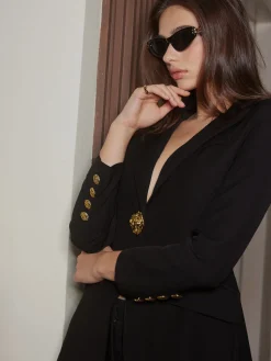 V-Neck Metal-Button Split Blazer