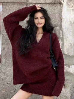 V-Neck Minky Sweater Skirt Set