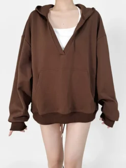 V-Neck Oversized-Pocket Hoodie