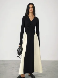 V-Neck Panel Pleated Long Dress