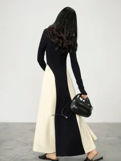 V-Neck Panel Pleated Long Dress