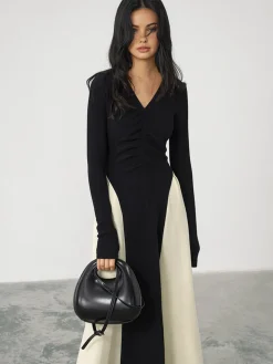 V-Neck Panel Pleated Long Dress