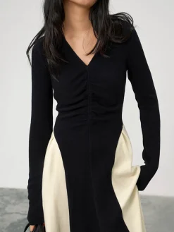 V-Neck Panel Pleated Long Dress