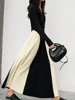 V-Neck Panel Pleated Long Dress