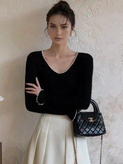 V-Neck Pearl Trim Knit Top