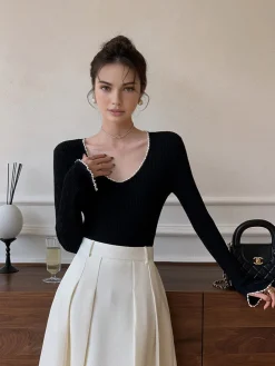 V-Neck Pearl Trim Knit Top