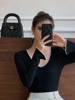 V-Neck Pearl Trim Knit Top