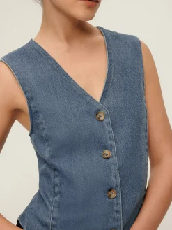 V-Neck Piping Button Denim Vest