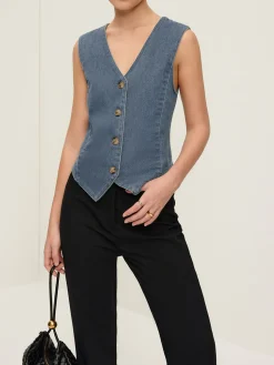V-Neck Piping Button Denim Vest