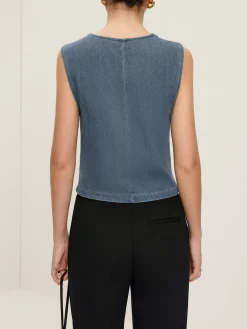 V-Neck Piping Button Denim Vest