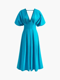 V-Neck Pleated Bell-Sleeve Dress