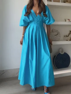 V-Neck Pleated Bell-Sleeve Dress