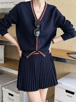 V-Neck Pleated Jersey Skirt Set