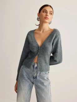 V-Neck Ribbed Split Slim Cardigan