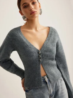 V-Neck Ribbed Split Slim Cardigan