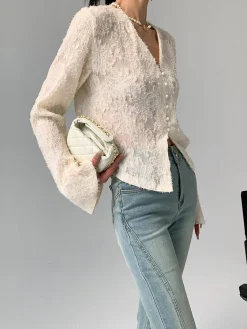 V-Neck Ruffle Long Sleeve Blouse