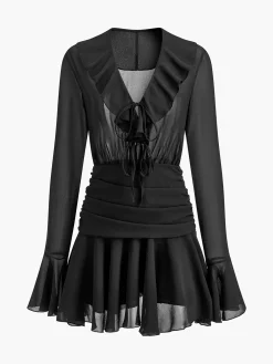 V-Neck Ruffle Pleated Chiffon Dress