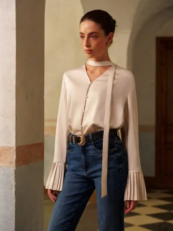 V-Neck Satin Pleated Shirt With Ribbon